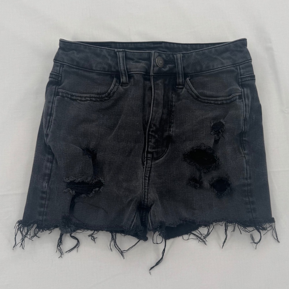 American Eagle Super Stretch Black Distressed High‎ Waisted Denim Shorts 00 Long
